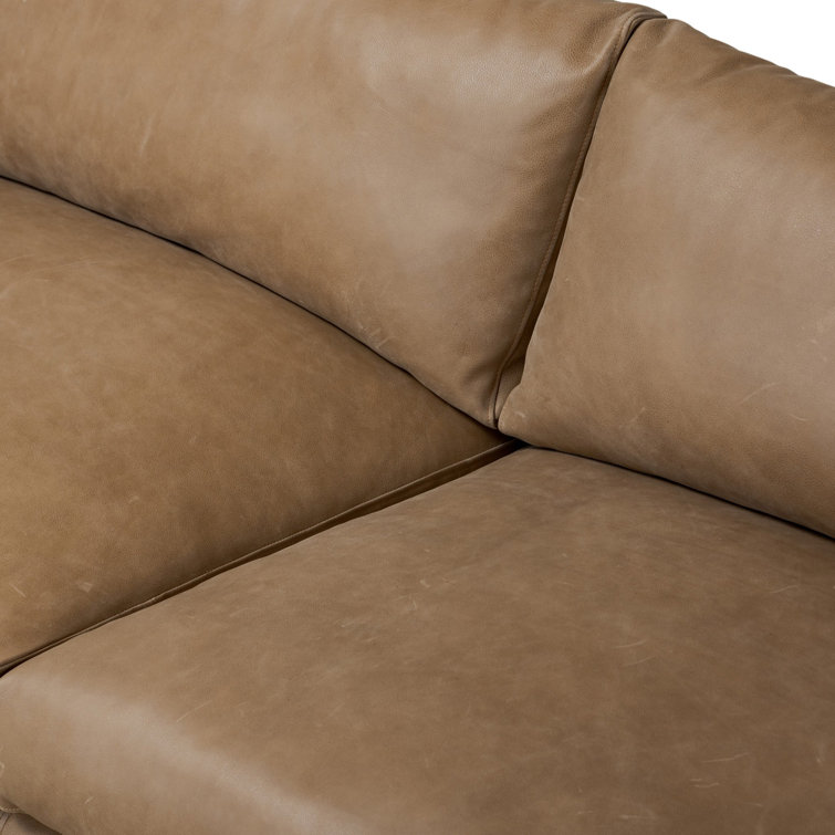 Taupe Leather Midcentury Modern Sofa with Boxed Arms