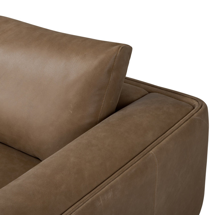 Taupe Leather Midcentury Modern Sofa with Boxed Arms