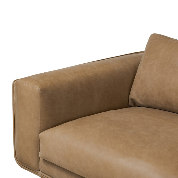 Taupe Leather Midcentury Modern Sofa with Boxed Arms