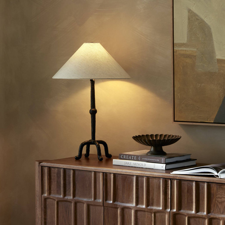 Black Cast Aluminum Tripod Table Lamp with Linen Shade