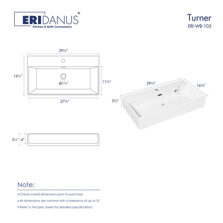 Turner 30" White Ceramic Wall-Mount Rectangular Sink