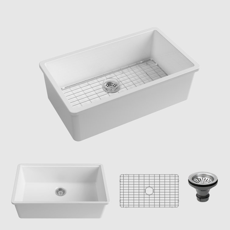 32-Inch Glossy White Fireclay Farmhouse Kitchen Sink with Metal Grid