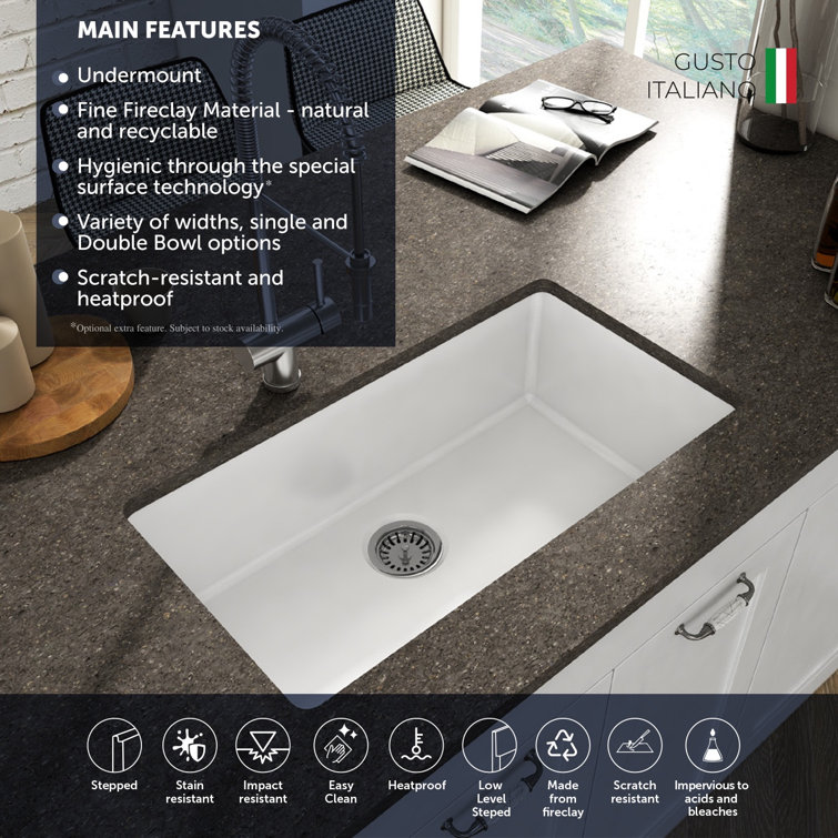 32-Inch Glossy White Fireclay Farmhouse Kitchen Sink with Metal Grid