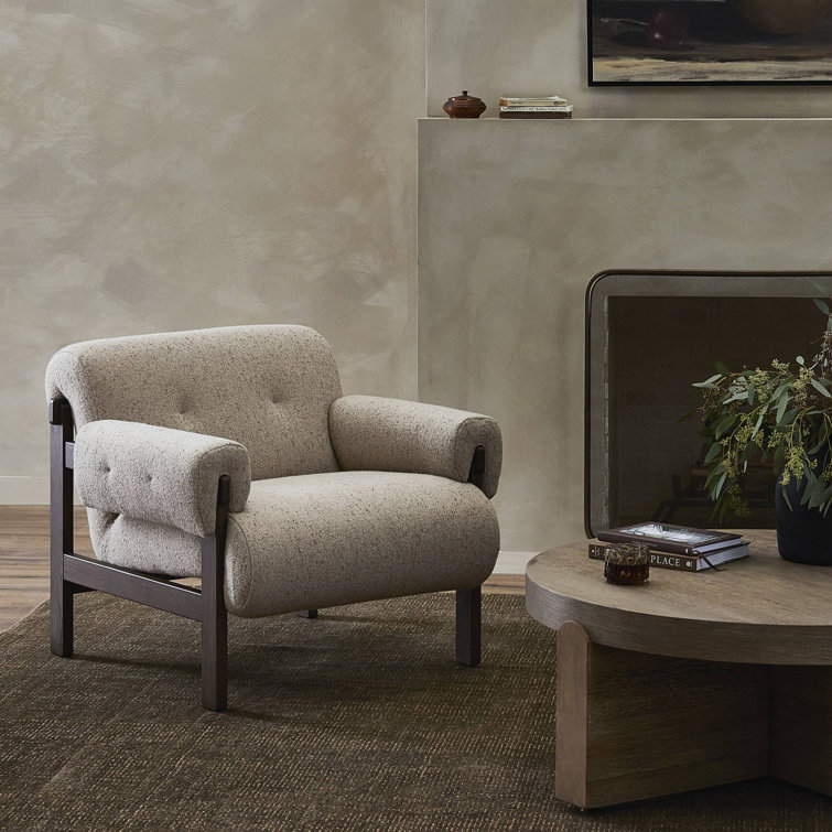 Taupe Linen Blend Cushioned Armchair with Solid Wood Frame