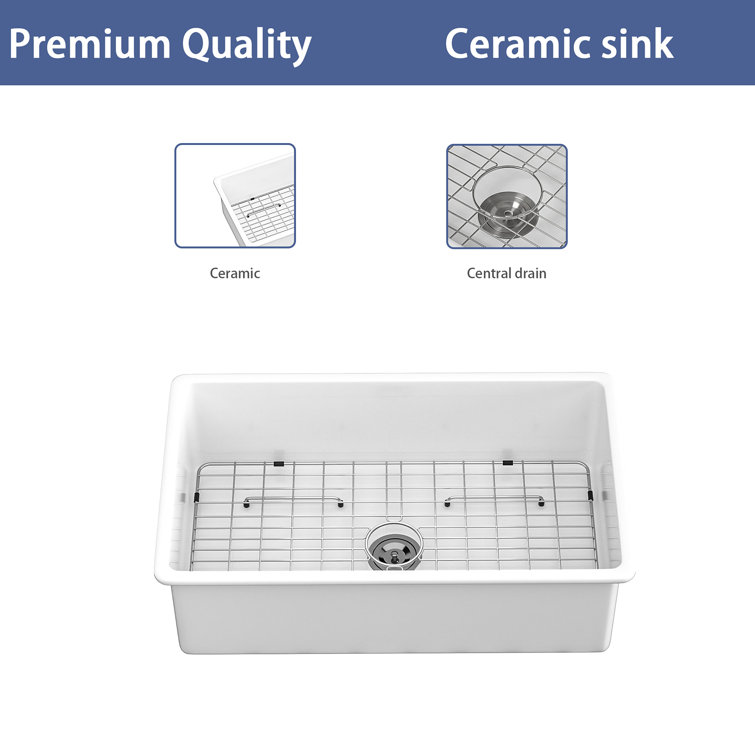 32" White Ceramic Undermount Single Bowl Kitchen Sink