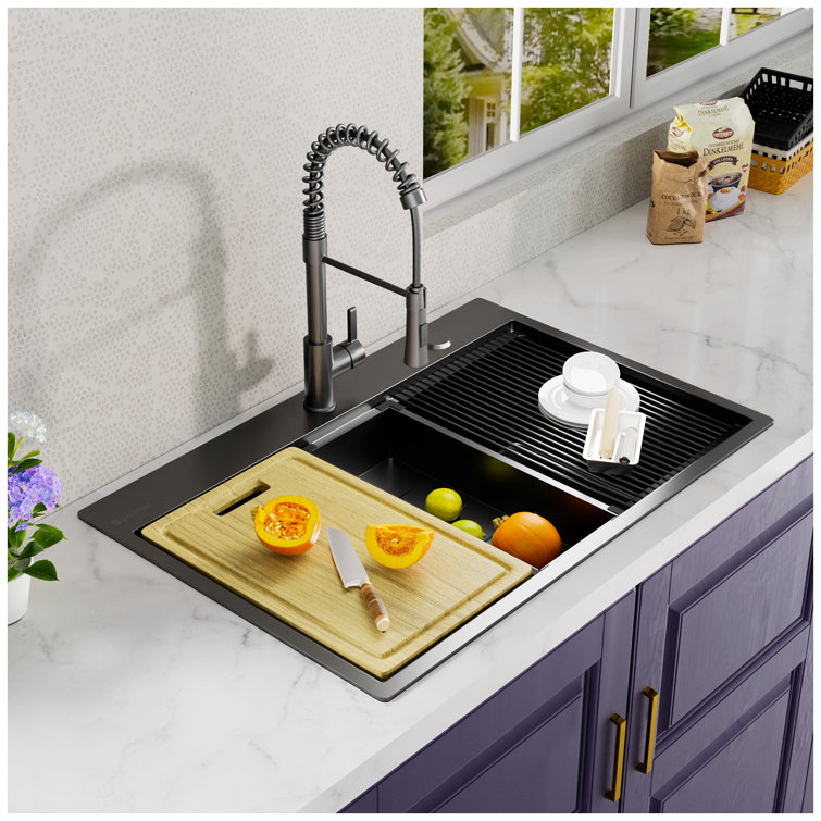 32x22 Inch Gunmetal Black Stainless Steel Single Bowl Workstation Sink