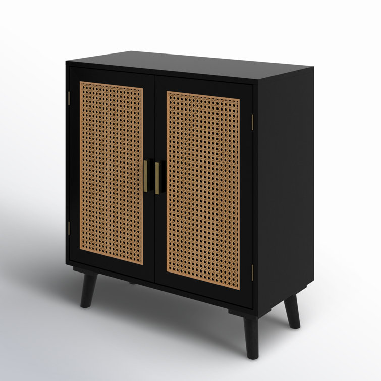 Black Freestanding Accent Cabinet with Rattan Doors and Solid Wood Legs