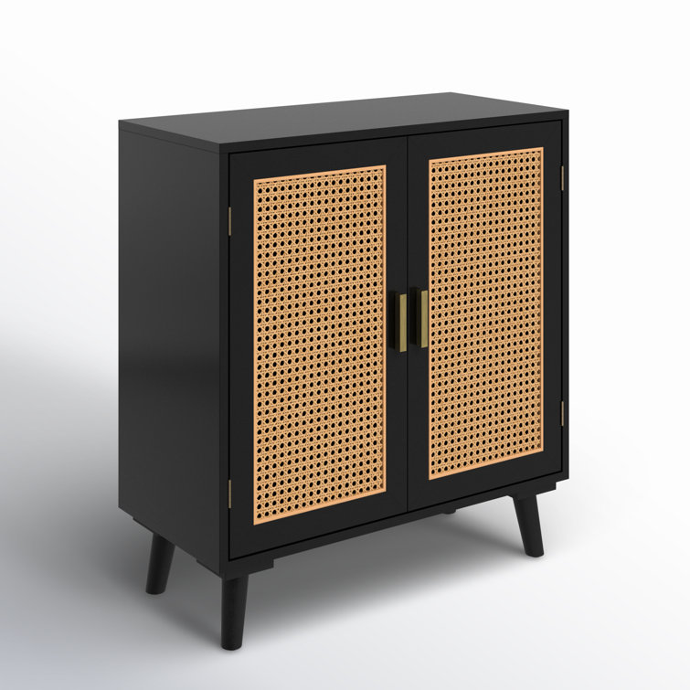 Black Freestanding Accent Cabinet with Rattan Doors and Solid Wood Legs