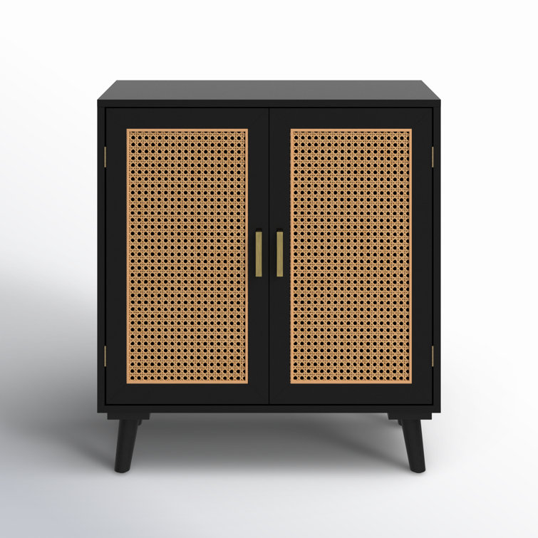 Black Freestanding Accent Cabinet with Rattan Doors and Solid Wood Legs