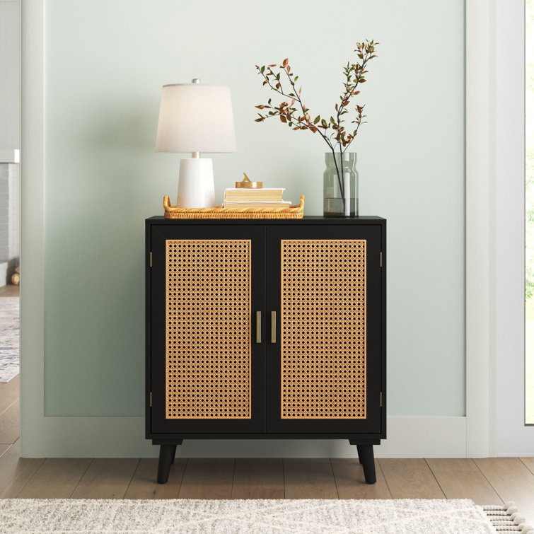 Black Freestanding Accent Cabinet with Rattan Doors and Solid Wood Legs