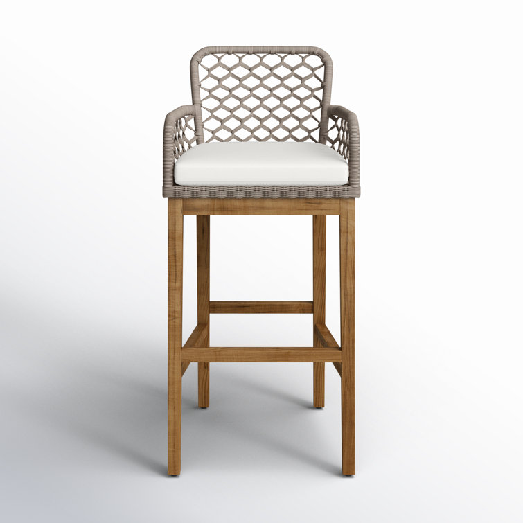 Gray Wicker and Teak Indoor/Outdoor Bar Stool with Cushion