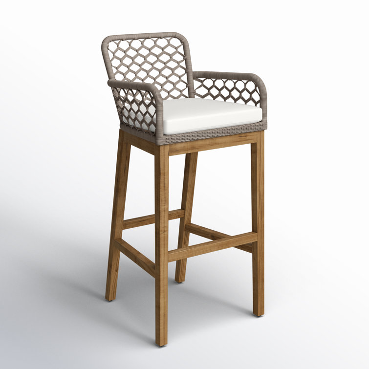 Gray Wicker and Teak Indoor/Outdoor Bar Stool with Cushion