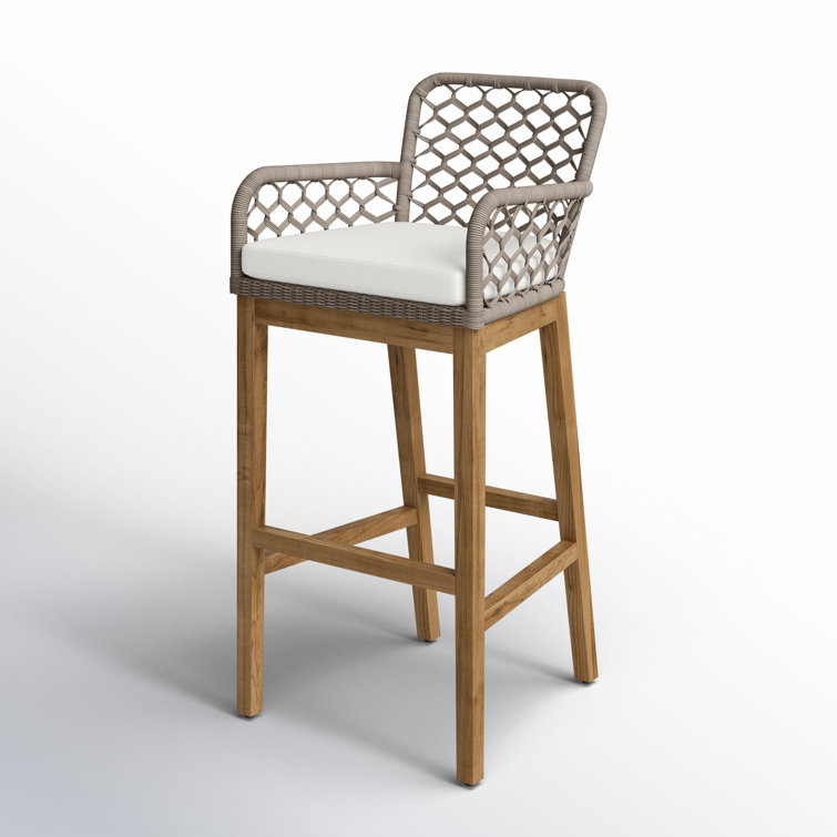 Gray Wicker and Teak Indoor/Outdoor Bar Stool with Cushion