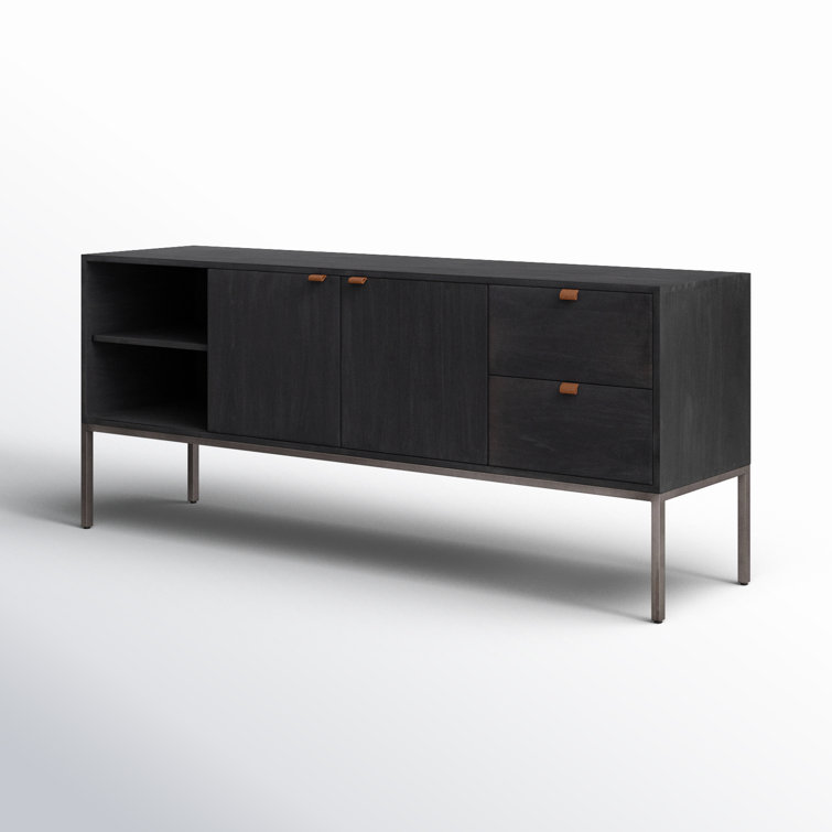 Contemporary Black Wash Poplar Media Console with Leather Pulls
