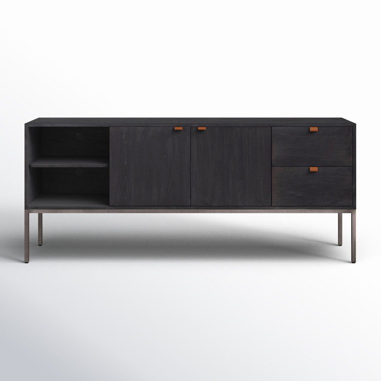 Contemporary Black Wash Poplar Media Console with Leather Pulls