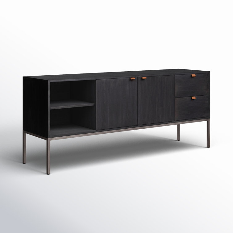 Contemporary Black Wash Poplar Media Console with Leather Pulls