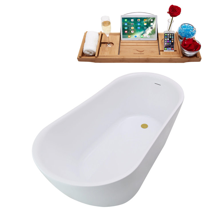 59.1'' Glossy White Freestanding Acrylic Bathtub with Brushed Gold Trim