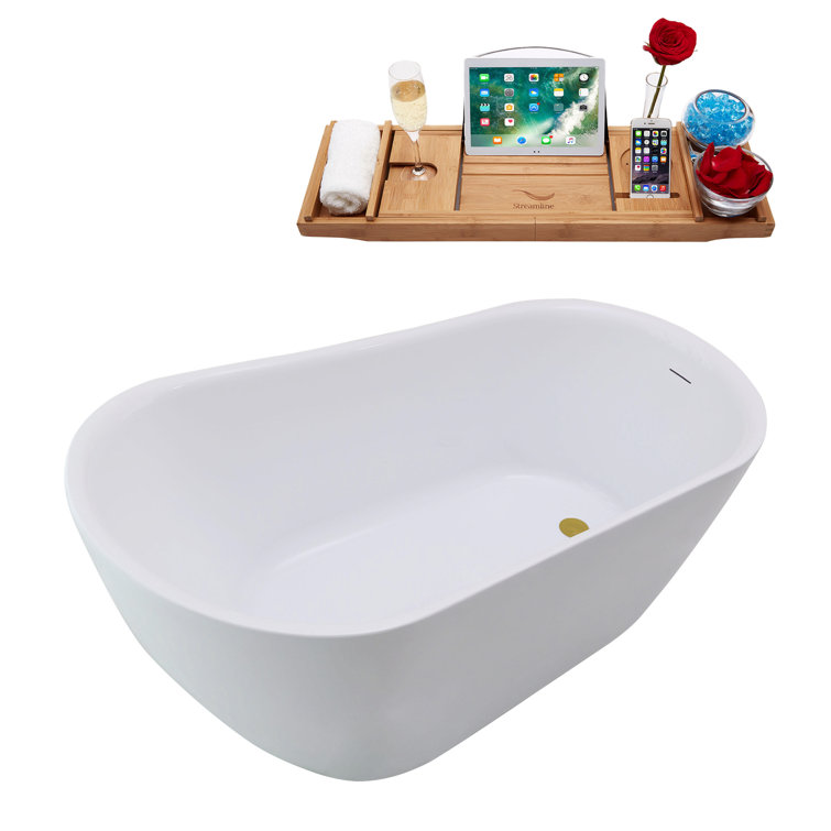 59.1'' Glossy White Freestanding Acrylic Bathtub with Brushed Gold Trim