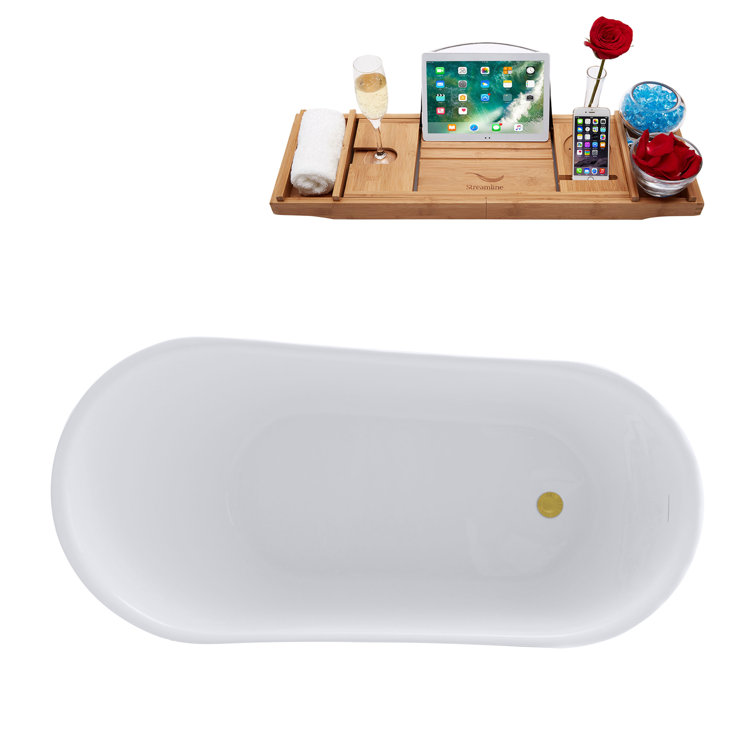 59.1'' Glossy White Freestanding Acrylic Bathtub with Brushed Gold Trim