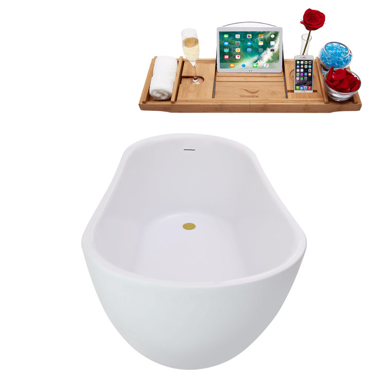 59.1'' Glossy White Freestanding Acrylic Bathtub with Brushed Gold Trim