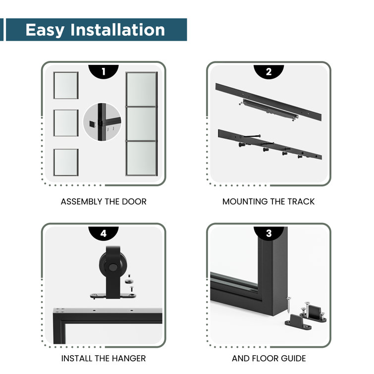 Black Aluminum and Frosted Glass Sliding Barn Door with Installation Kit
