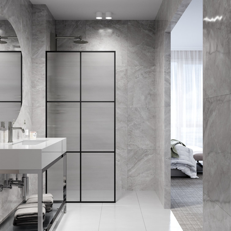 Ventana Matte Black 34" x 74" Framed Shower Screen with Fluted Glass