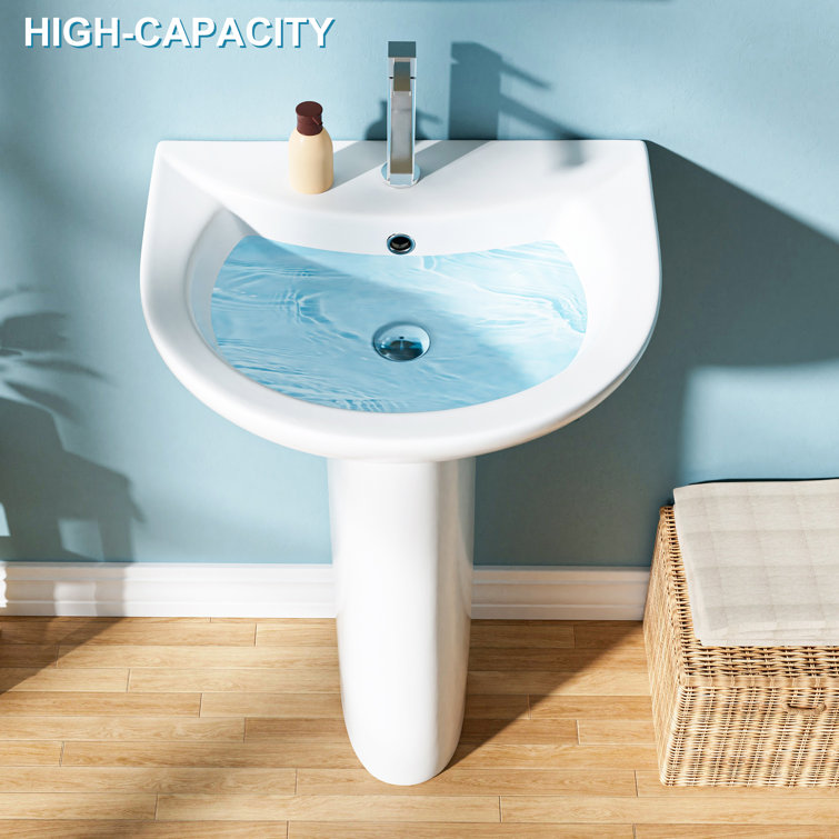 White Ceramic Gloss Pedestal Bathroom Sink with Overflow Drain