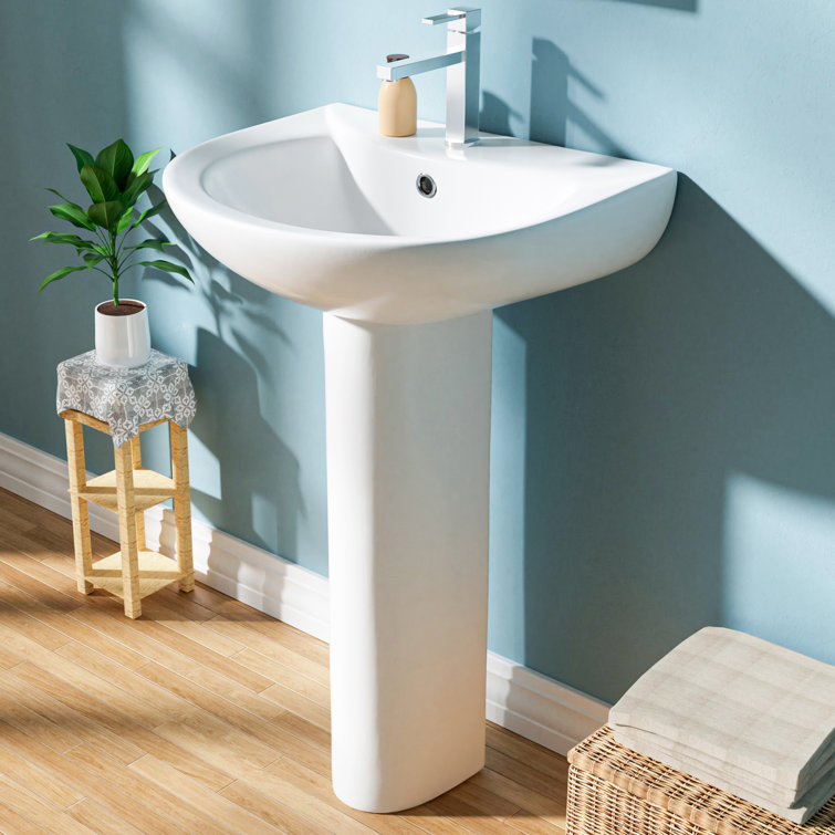 White Ceramic Gloss Pedestal Bathroom Sink with Overflow Drain