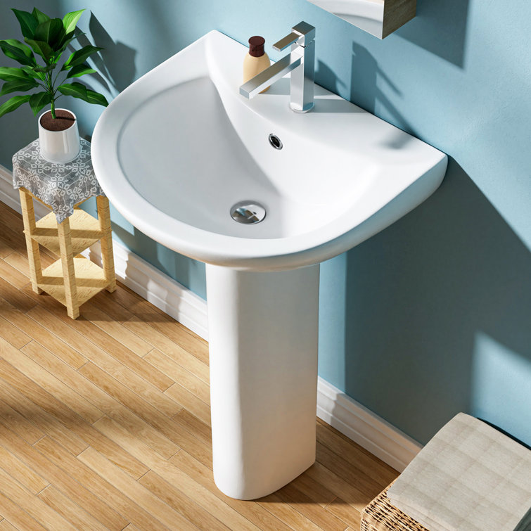 White Ceramic Gloss Pedestal Bathroom Sink with Overflow Drain