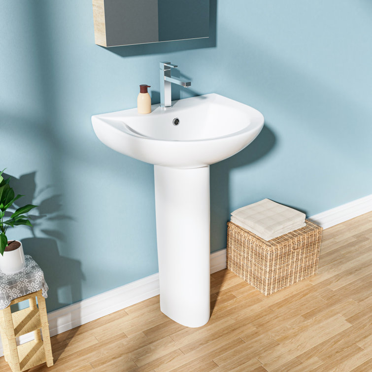 White Ceramic Gloss Pedestal Bathroom Sink with Overflow Drain