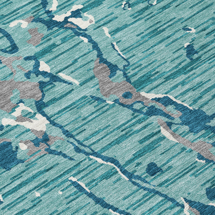 Teal Abstract Washable Synthetic Indoor/Outdoor Rug