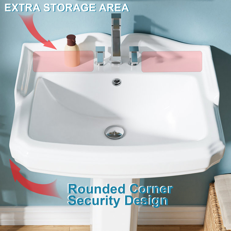 23-Inch White Ceramic Rectangular Pedestal Bathroom Sink