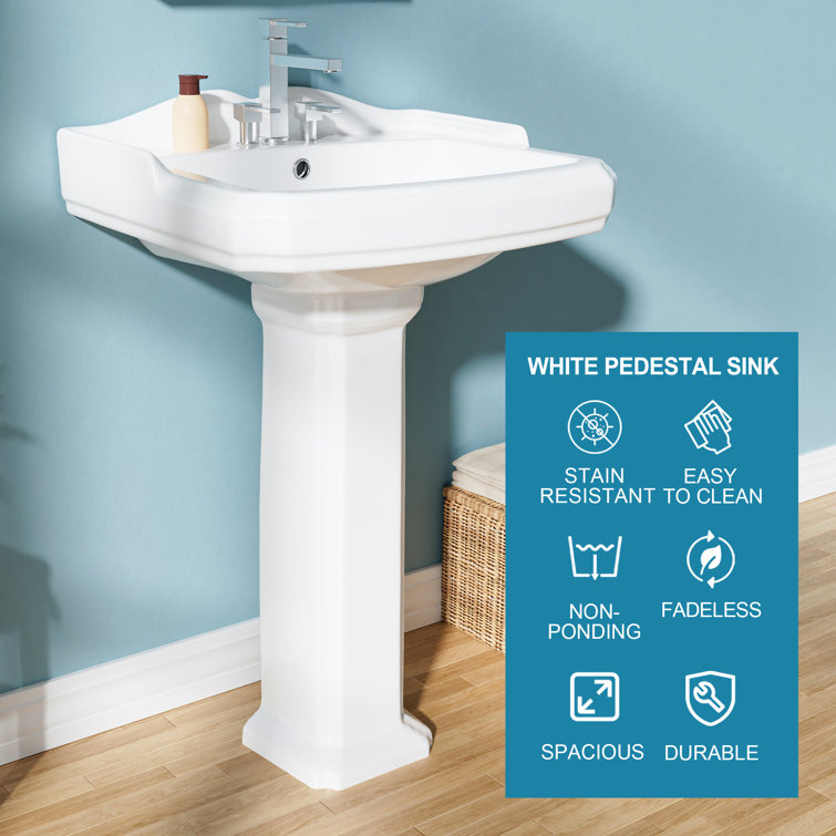 23-Inch White Ceramic Rectangular Pedestal Bathroom Sink