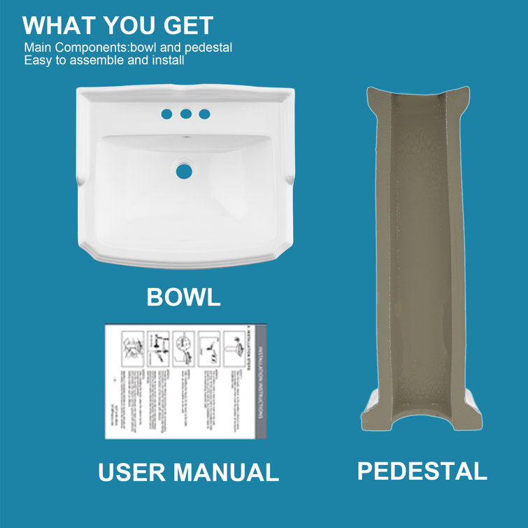 23-Inch White Ceramic Rectangular Pedestal Bathroom Sink