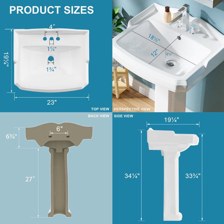 23-Inch White Ceramic Rectangular Pedestal Bathroom Sink