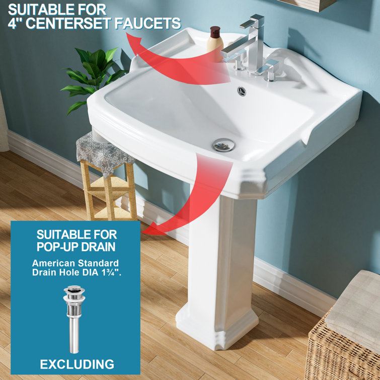 23-Inch White Ceramic Rectangular Pedestal Bathroom Sink