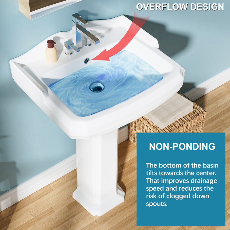 23-Inch White Ceramic Rectangular Pedestal Bathroom Sink