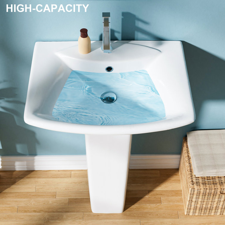 24" White Vitreous China Rectangular Pedestal Bathroom Sink
