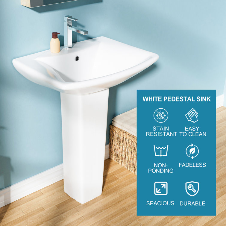 24" White Vitreous China Rectangular Pedestal Bathroom Sink