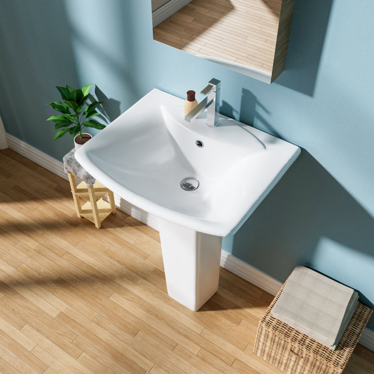 24" White Vitreous China Rectangular Pedestal Bathroom Sink