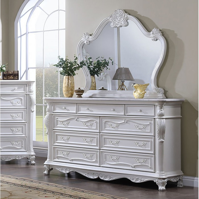 White Ornate Carved Solid Wood Dresser with Mirror