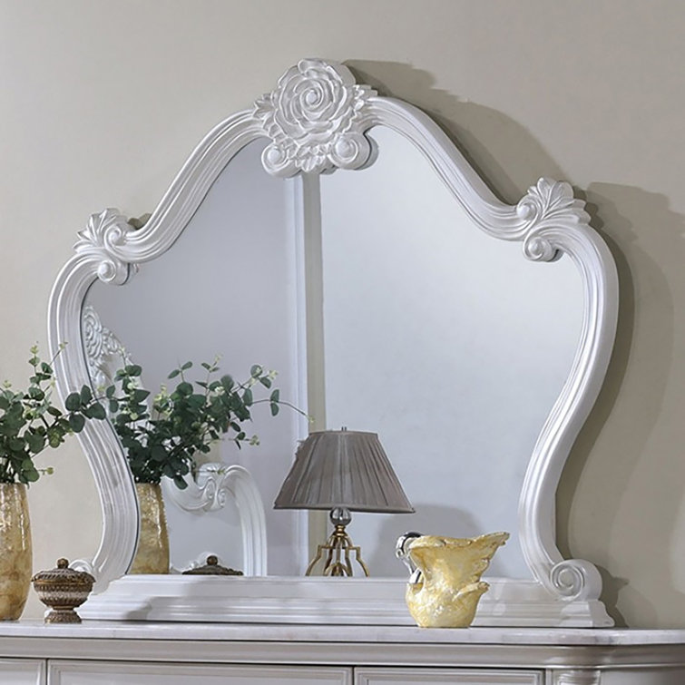White Ornate Carved Solid Wood Dresser with Mirror