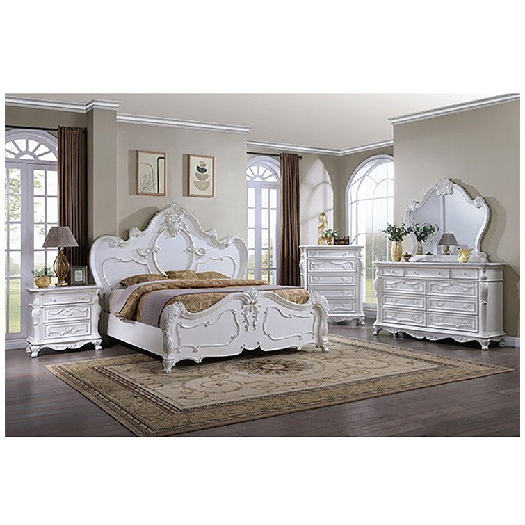 White Ornate Carved Solid Wood Dresser with Mirror