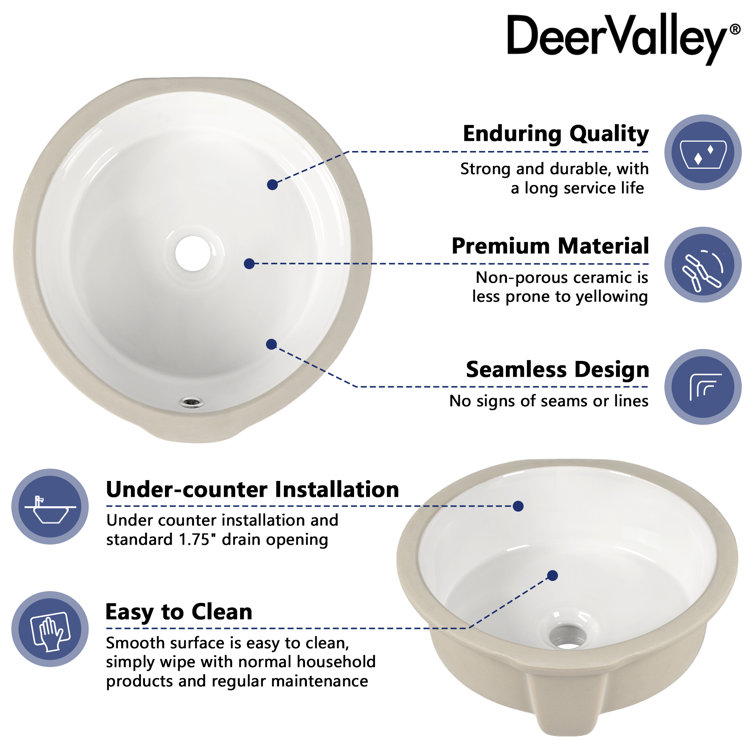 16" White Ceramic Round Undermount Bathroom Sink with Overflow