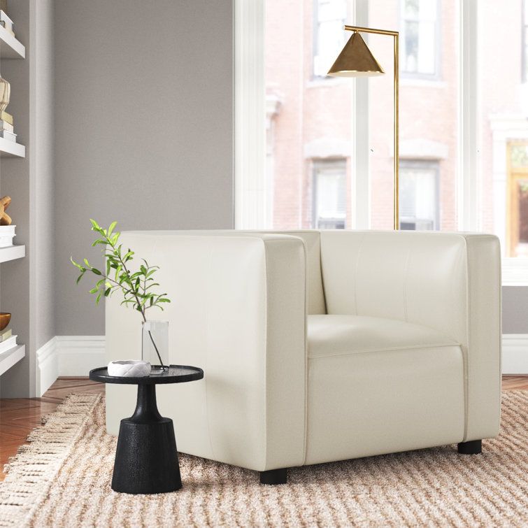 Ivory Genuine Leather and Wood Armchair