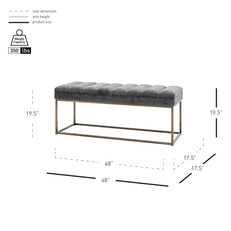 Gray Upholstered Bench with Brushed Gold Steel Base
