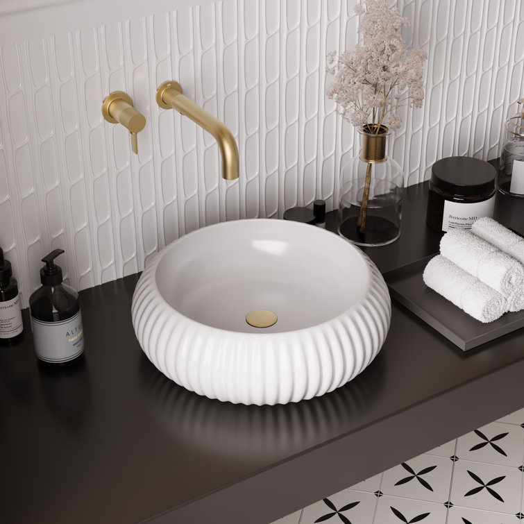 16" White Ceramic Circular Vessel Sink with Fluted Sides