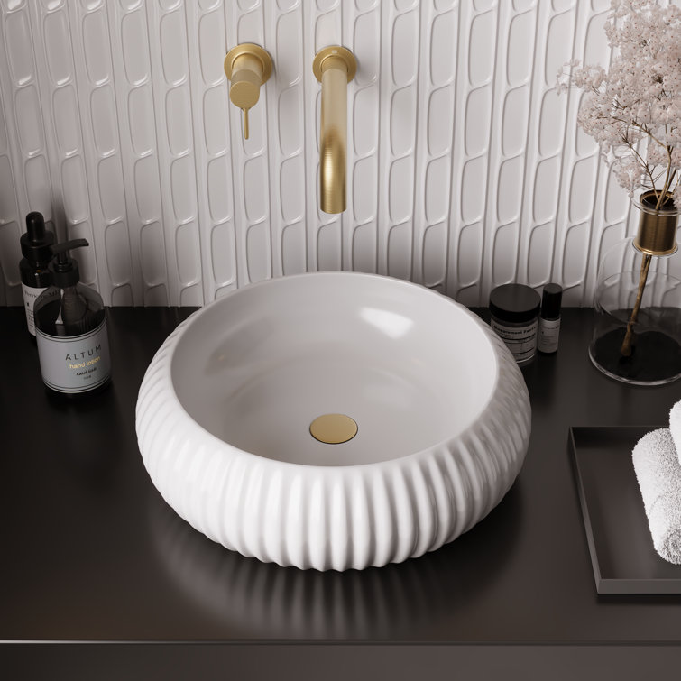 16" White Ceramic Circular Vessel Sink with Fluted Sides