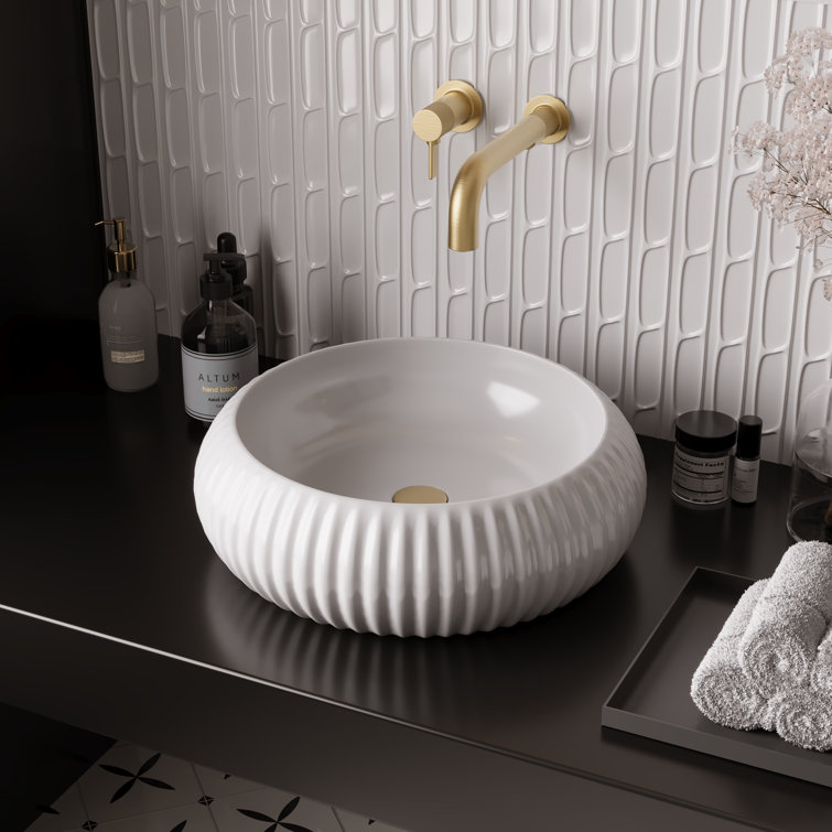 16" White Ceramic Circular Vessel Sink with Fluted Sides