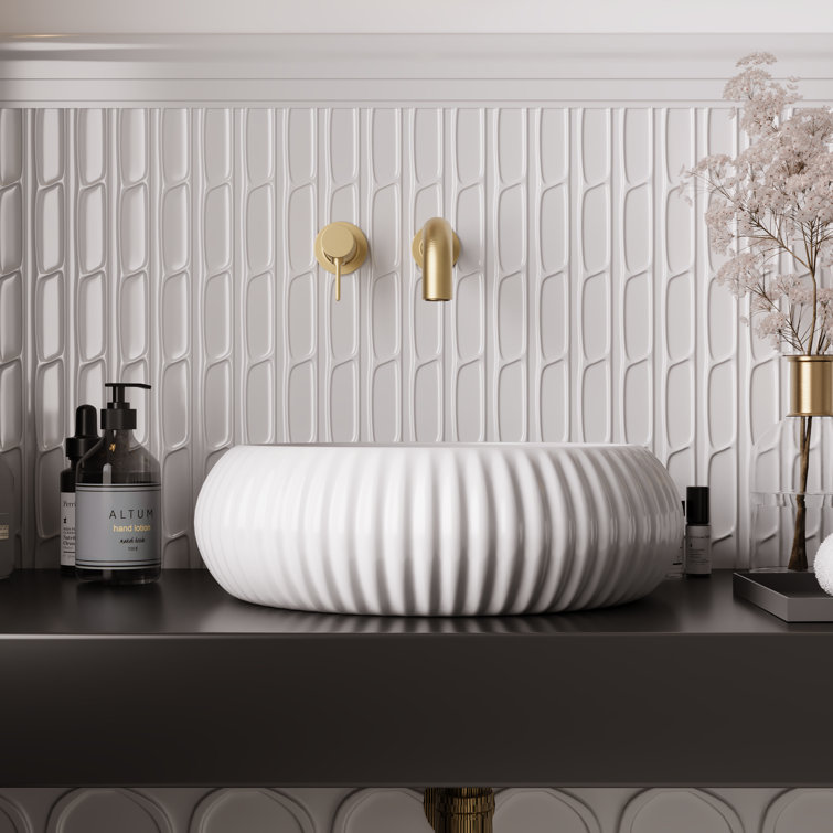 16" White Ceramic Circular Vessel Sink with Fluted Sides